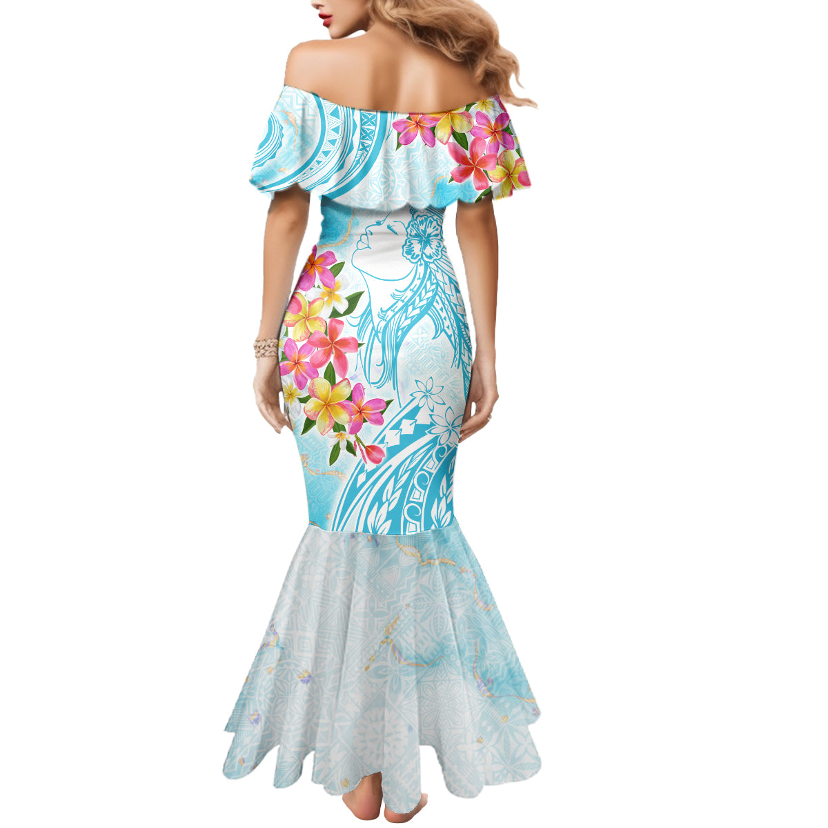 Polynesian Women's Day Wahine Mermaid Dress Plumeria Marble Glaze - Turquoise LT7 - Polynesian Pride