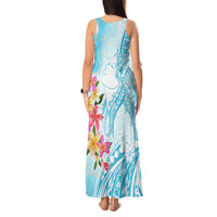Polynesian Women's Day Wahine Tank Maxi Dress Plumeria Marble Glaze - Turquoise LT7 - Polynesian Pride
