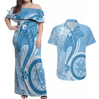 Micronesia FSM Couples Matching Off Shoulder Maxi Dress and Hawaiian Shirt Shark and Manta Classic Style