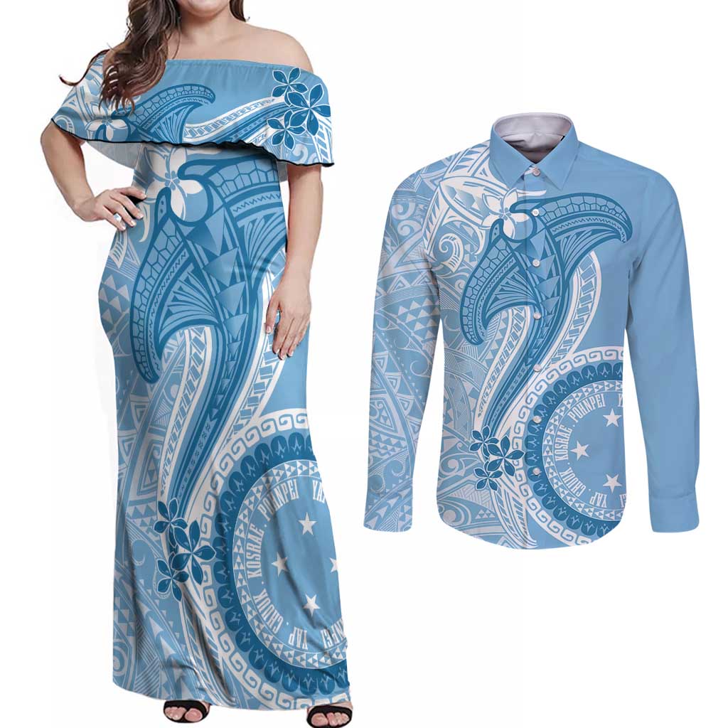 Micronesia FSM Couples Matching Off Shoulder Maxi Dress and Long Sleeve Button Shirt Shark and Manta Classic Style