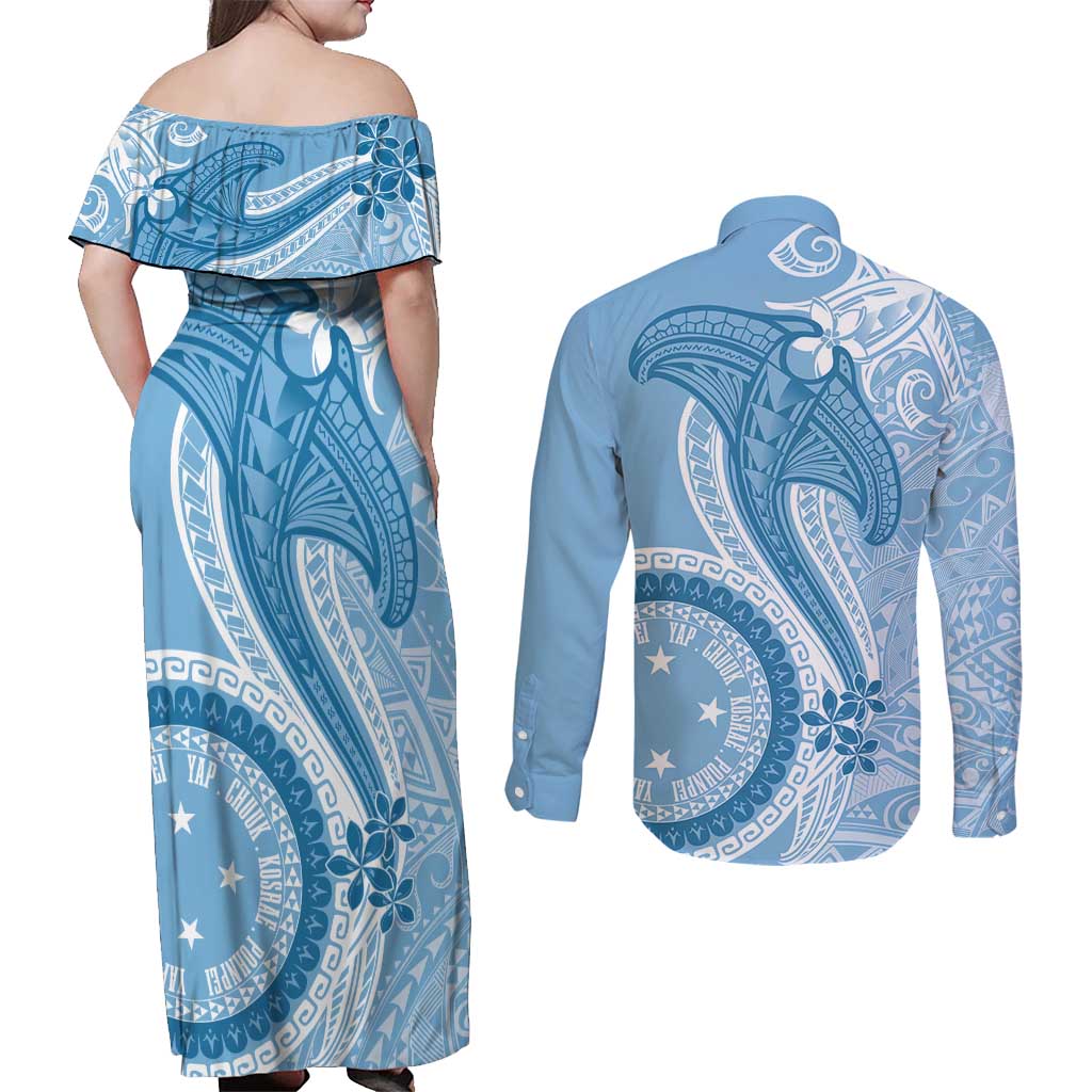Micronesia FSM Couples Matching Off Shoulder Maxi Dress and Long Sleeve Button Shirt Shark and Manta Classic Style