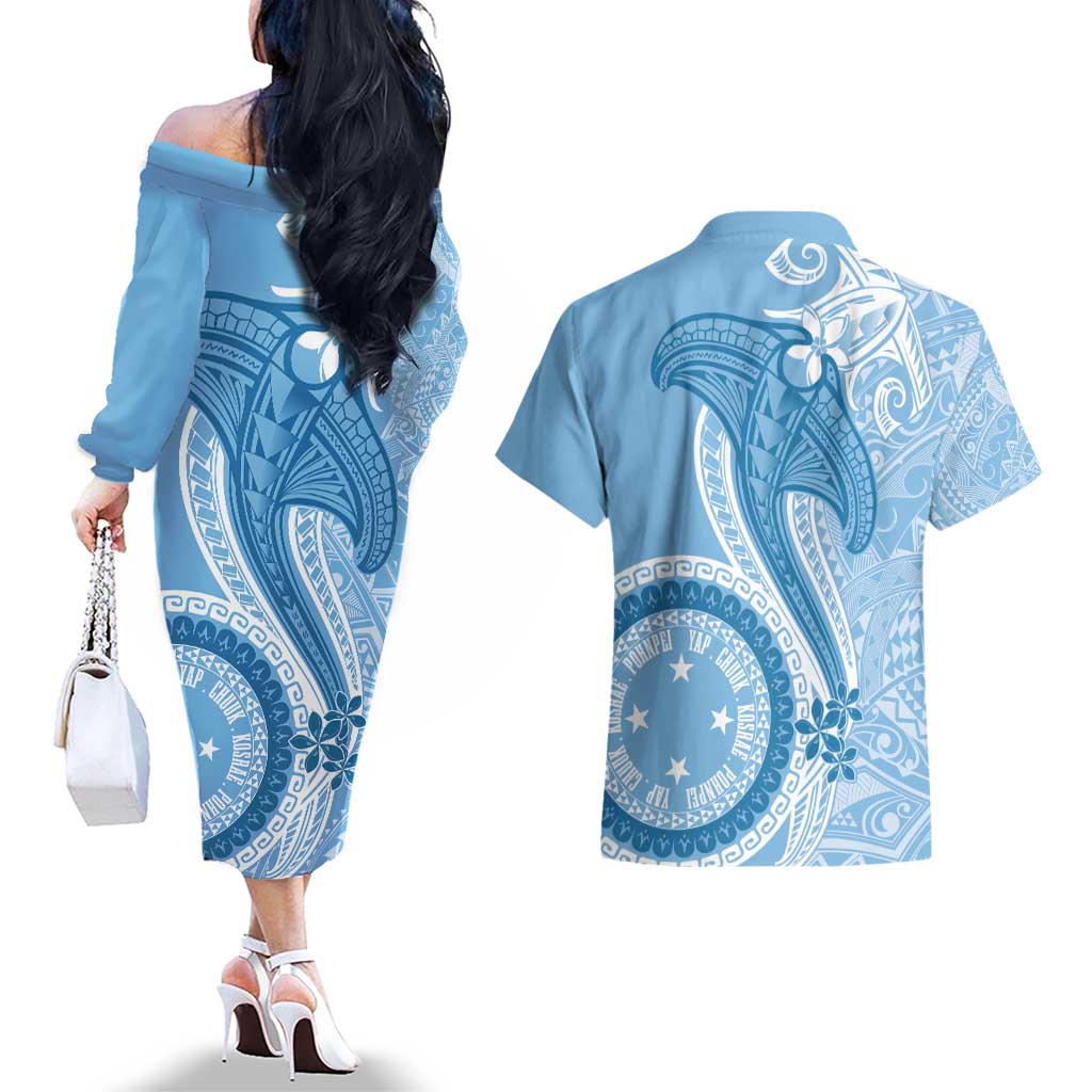 Micronesia FSM Couples Matching Off The Shoulder Long Sleeve Dress and Hawaiian Shirt Shark and Manta Classic Style