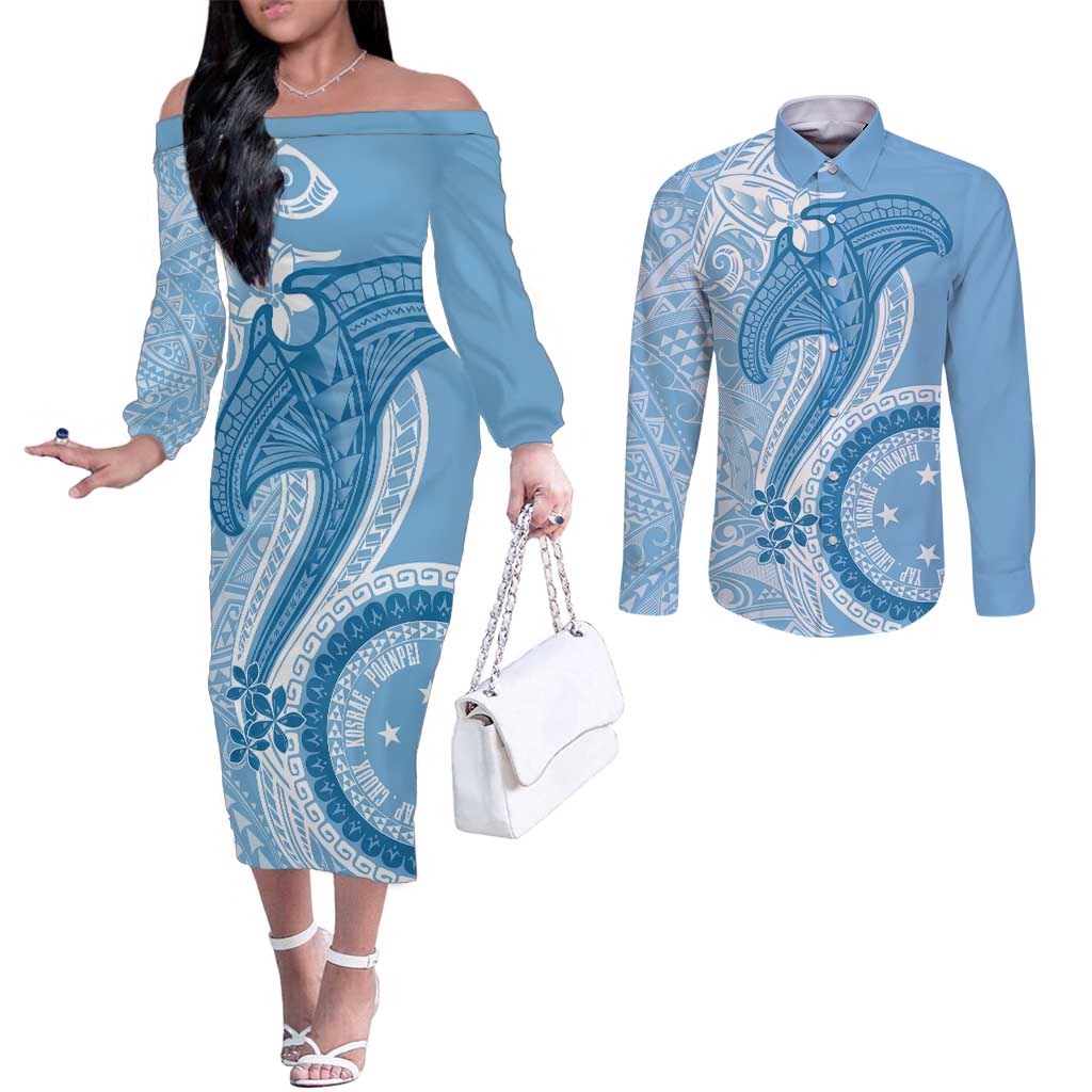 Micronesia FSM Couples Matching Off The Shoulder Long Sleeve Dress and Long Sleeve Button Shirt Shark and Manta Classic Style