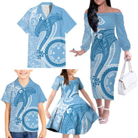 Micronesia FSM Family Matching Off The Shoulder Long Sleeve Dress and Hawaiian Shirt Shark and Manta Classic Style
