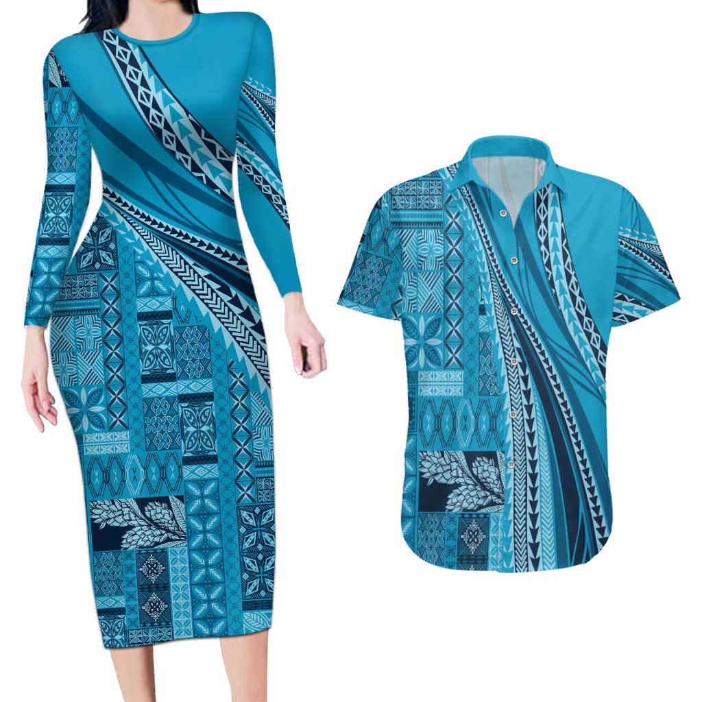 Pasifika Women's Day - Samoa Siapo Malu Tattoo Inspired Couples Matching Long Sleeve Bodycon Dress and Hawaiian Shirt Turquoise LT7 Turquoise - Polynesian Pride