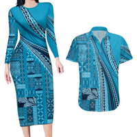 Pasifika Women's Day - Samoa Siapo Malu Tattoo Inspired Couples Matching Long Sleeve Bodycon Dress and Hawaiian Shirt Turquoise LT7 Turquoise - Polynesian Pride