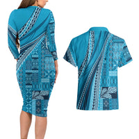 Pasifika Women's Day - Samoa Siapo Malu Tattoo Inspired Couples Matching Long Sleeve Bodycon Dress and Hawaiian Shirt Turquoise LT7 - Polynesian Pride