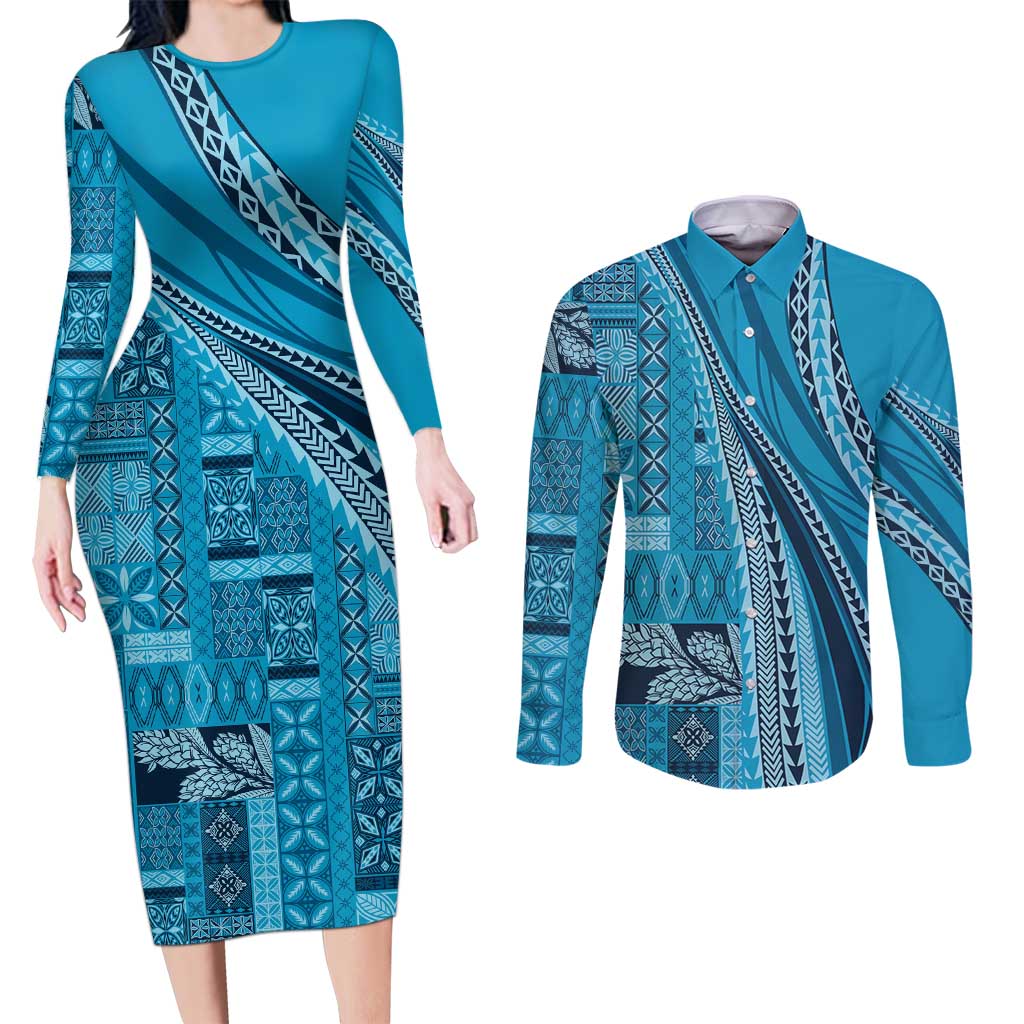 Pasifika Women's Day - Samoa Siapo Malu Tattoo Inspired Couples Matching Long Sleeve Bodycon Dress and Long Sleeve Button Shirt Turquoise LT7 Turquoise - Polynesian Pride