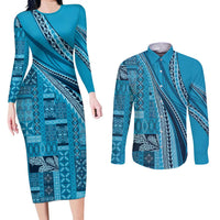 Pasifika Women's Day - Samoa Siapo Malu Tattoo Inspired Couples Matching Long Sleeve Bodycon Dress and Long Sleeve Button Shirt Turquoise LT7 Turquoise - Polynesian Pride