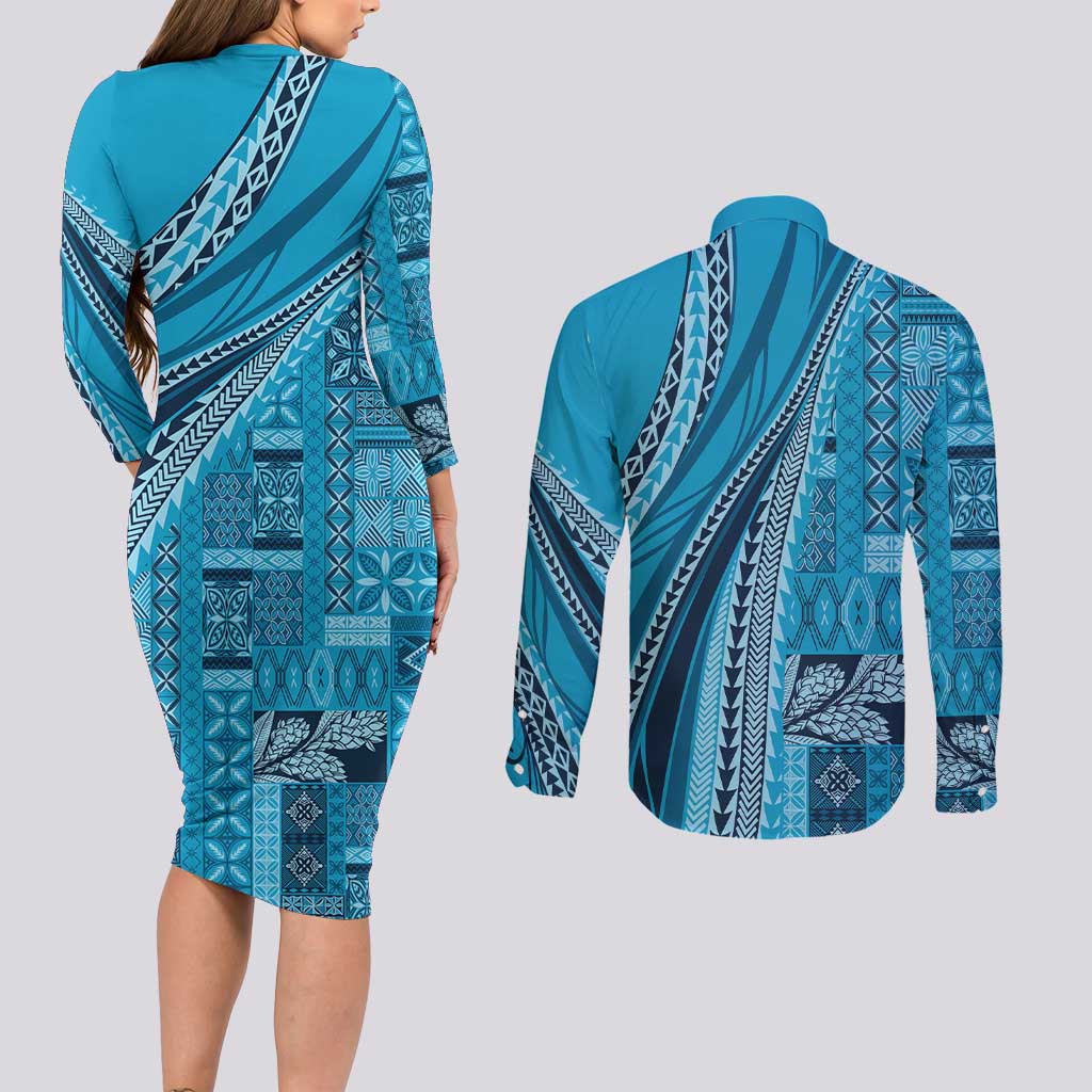 Pasifika Women's Day - Samoa Siapo Malu Tattoo Inspired Couples Matching Long Sleeve Bodycon Dress and Long Sleeve Button Shirt Turquoise LT7 - Polynesian Pride