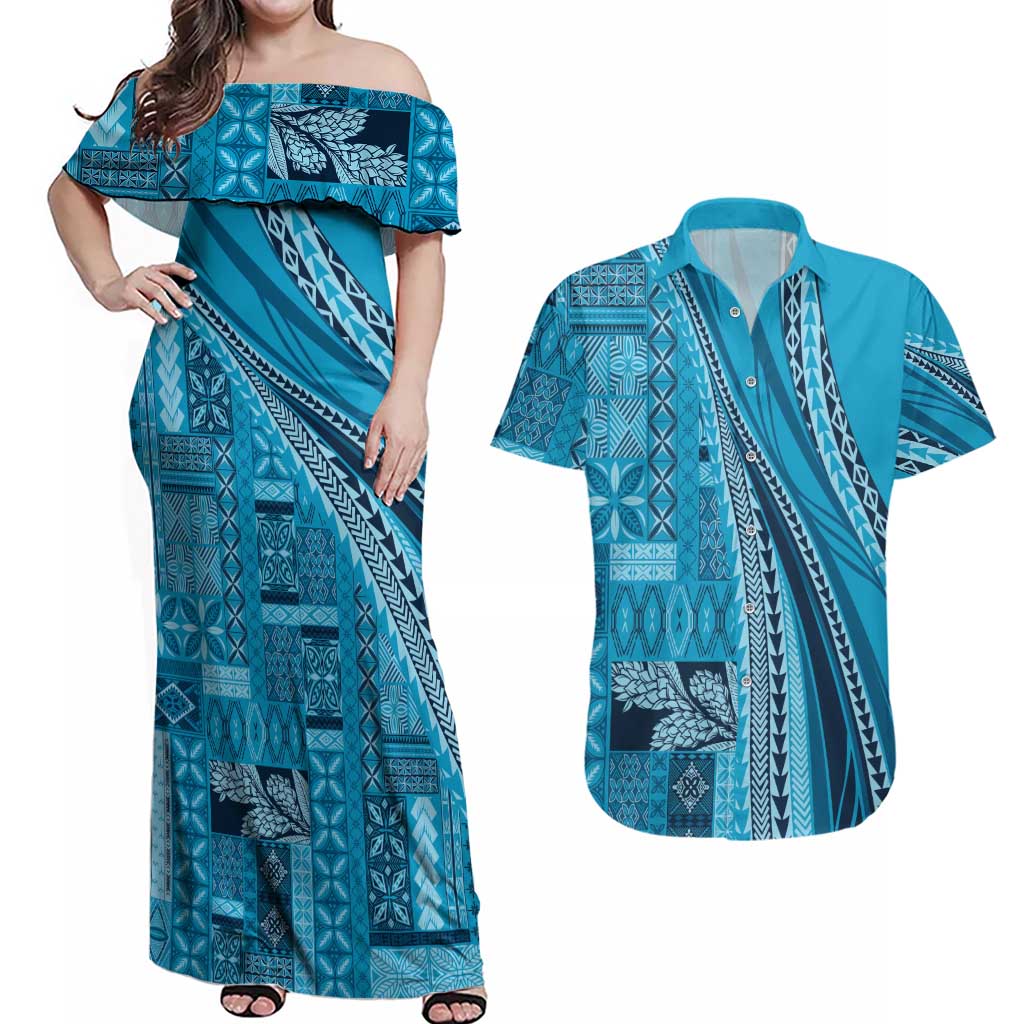 Pasifika Women's Day - Samoa Siapo Malu Tattoo Inspired Couples Matching Off Shoulder Maxi Dress and Hawaiian Shirt Turquoise LT7 Turquoise - Polynesian Pride