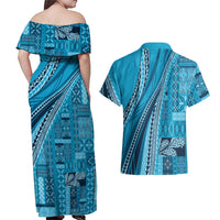 Pasifika Women's Day - Samoa Siapo Malu Tattoo Inspired Couples Matching Off Shoulder Maxi Dress and Hawaiian Shirt Turquoise LT7 - Polynesian Pride
