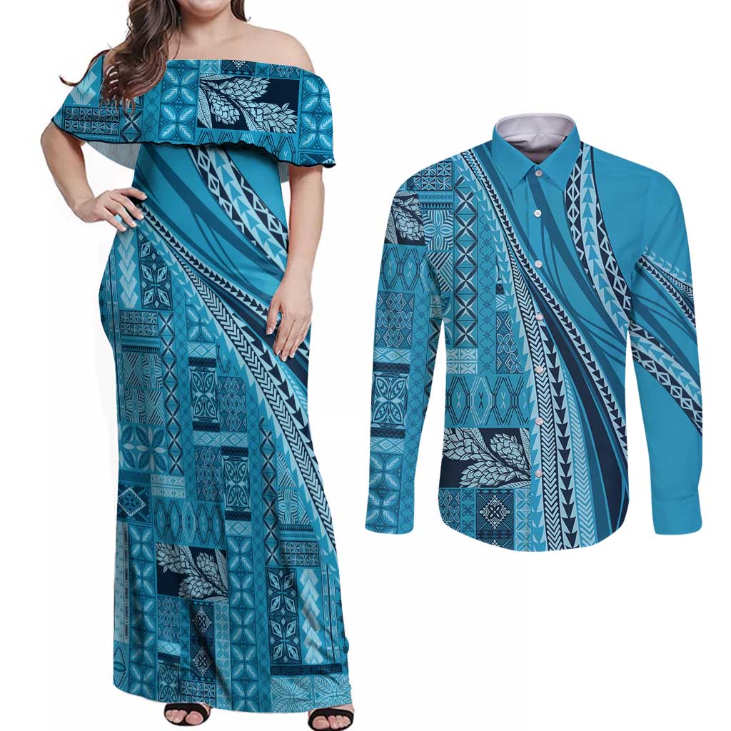 Pasifika Women's Day - Samoa Siapo Malu Tattoo Inspired Couples Matching Off Shoulder Maxi Dress and Long Sleeve Button Shirt Turquoise