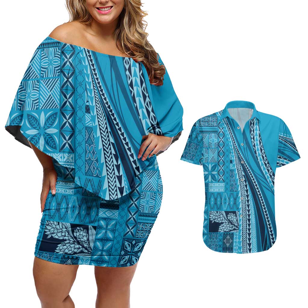 Pasifika Women's Day - Samoa Siapo Malu Tattoo Inspired Couples Matching Off Shoulder Short Dress and Hawaiian Shirt Turquoise LT7 Turquoise - Polynesian Pride