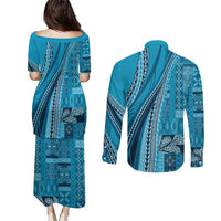Pasifika Women's Day - Samoa Siapo Malu Tattoo Inspired Couples Matching Puletasi and Long Sleeve Button Shirt Turquoise
