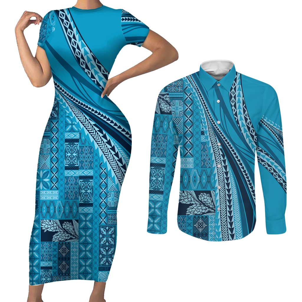 Pasifika Women's Day - Samoa Siapo Malu Tattoo Inspired Couples Matching Short Sleeve Bodycon Dress and Long Sleeve Button Shirt Turquoise LT7 Turquoise - Polynesian Pride