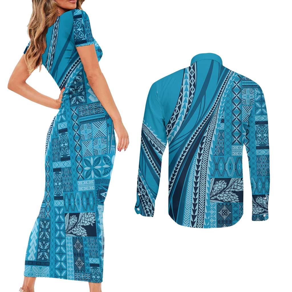 Pasifika Women's Day - Samoa Siapo Malu Tattoo Inspired Couples Matching Short Sleeve Bodycon Dress and Long Sleeve Button Shirt Turquoise LT7 - Polynesian Pride