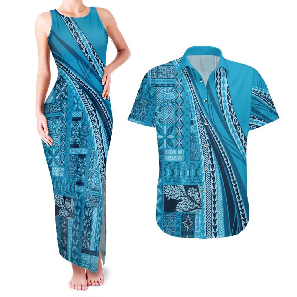 Pasifika Women's Day - Samoa Siapo Malu Tattoo Inspired Couples Matching Tank Maxi Dress and Hawaiian Shirt Turquoise LT7 Turquoise - Polynesian Pride