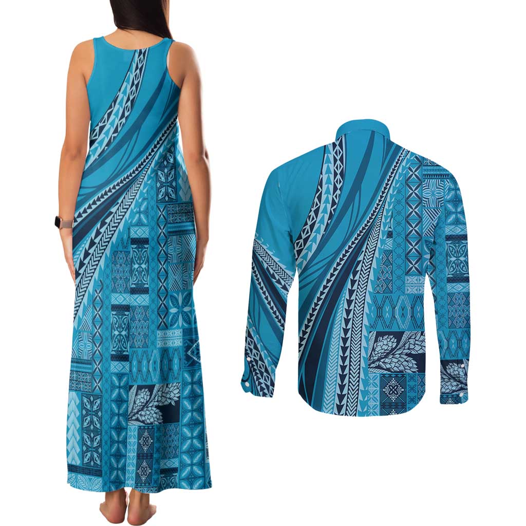 Pasifika Women's Day - Samoa Siapo Malu Tattoo Inspired Couples Matching Tank Maxi Dress and Long Sleeve Button Shirt Turquoise LT7 - Polynesian Pride