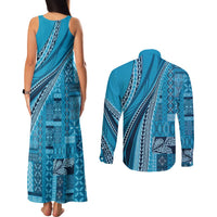 Pasifika Women's Day - Samoa Siapo Malu Tattoo Inspired Couples Matching Tank Maxi Dress and Long Sleeve Button Shirt Turquoise LT7 - Polynesian Pride