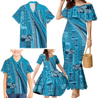 Pasifika Women's Day - Samoa Siapo Malu Tattoo Inspired Family Matching Mermaid Dress and Hawaiian Shirt Turquoise