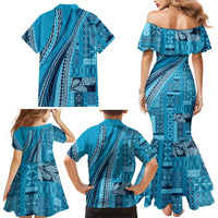 Pasifika Women's Day - Samoa Siapo Malu Tattoo Inspired Family Matching Mermaid Dress and Hawaiian Shirt Turquoise