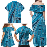 Pasifika Women's Day - Samoa Siapo Malu Tattoo Inspired Family Matching Off Shoulder Maxi Dress and Hawaiian Shirt Turquoise