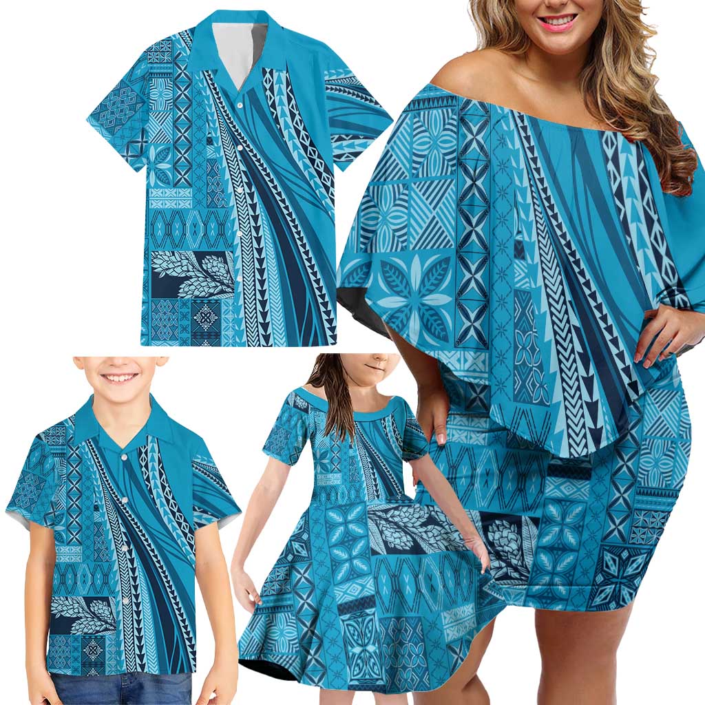 Pasifika Women's Day - Samoa Siapo Malu Tattoo Inspired Family Matching Off Shoulder Short Dress and Hawaiian Shirt Turquoise