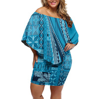 Pasifika Women's Day - Samoa Siapo Malu Tattoo Inspired Family Matching Off Shoulder Short Dress and Hawaiian Shirt Turquoise