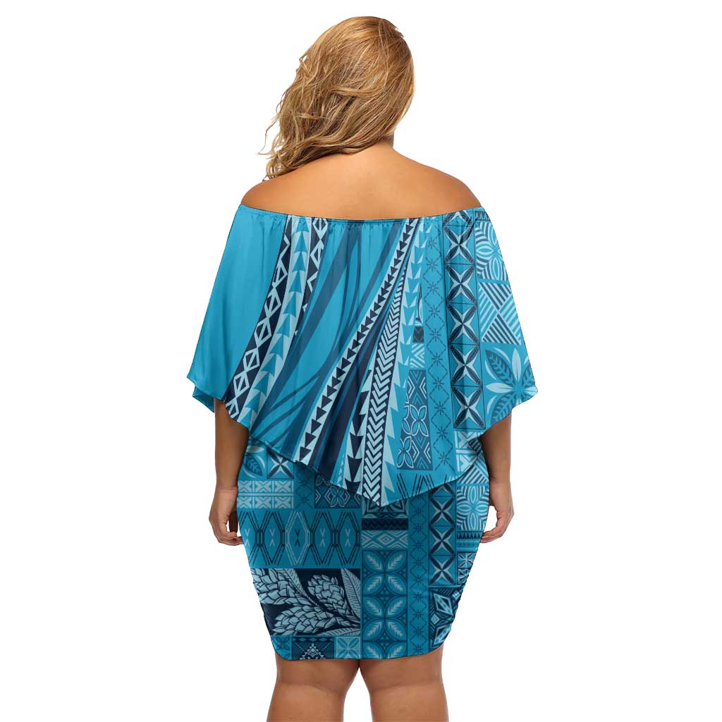 Pasifika Women's Day - Samoa Siapo Malu Tattoo Inspired Family Matching Off Shoulder Short Dress and Hawaiian Shirt Turquoise
