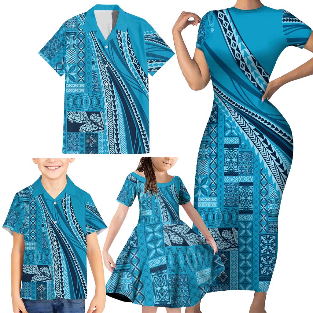 Pasifika Women's Day - Samoa Siapo Malu Tattoo Inspired Family Matching Short Sleeve Bodycon Dress and Hawaiian Shirt Turquoise