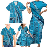 Pasifika Women's Day - Samoa Siapo Malu Tattoo Inspired Family Matching Short Sleeve Bodycon Dress and Hawaiian Shirt Turquoise
