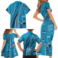 Pasifika Women's Day - Samoa Siapo Malu Tattoo Inspired Family Matching Short Sleeve Bodycon Dress and Hawaiian Shirt Turquoise
