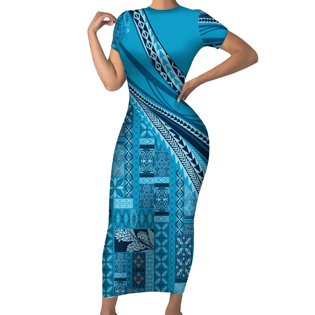 Pasifika Women's Day - Samoa Siapo Malu Tattoo Inspired Family Matching Short Sleeve Bodycon Dress and Hawaiian Shirt Turquoise