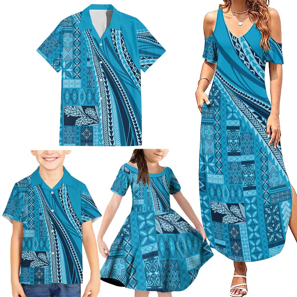 Pasifika Women's Day - Samoa Siapo Malu Tattoo Inspired Family Matching Summer Maxi Dress and Hawaiian Shirt Turquoise