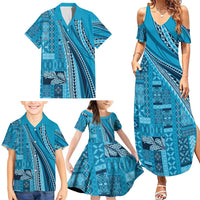Pasifika Women's Day - Samoa Siapo Malu Tattoo Inspired Family Matching Summer Maxi Dress and Hawaiian Shirt Turquoise