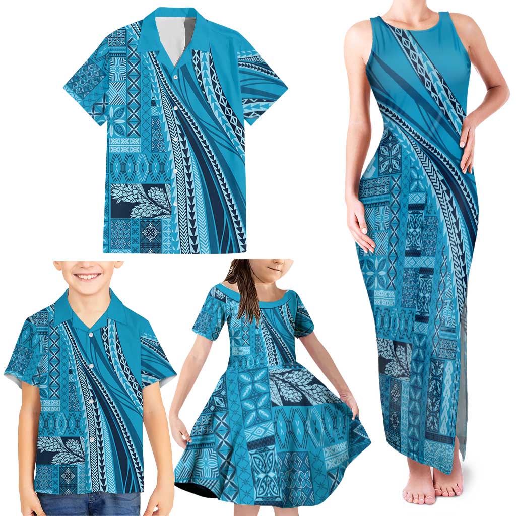 Pasifika Women's Day - Samoa Siapo Malu Tattoo Inspired Family Matching Tank Maxi Dress and Hawaiian Shirt Turquoise