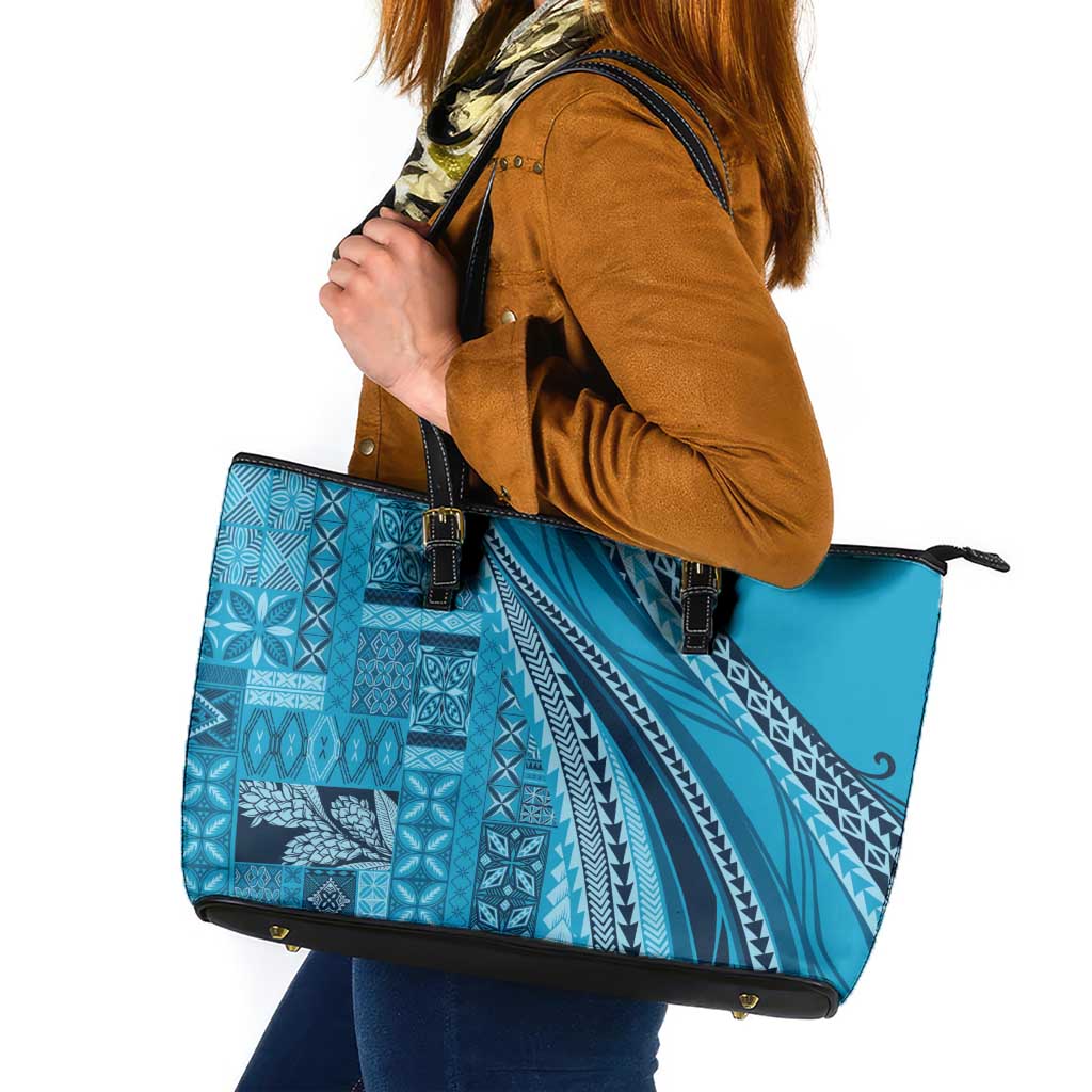 Pasifika Women's Day - Samoa Siapo Malu Tattoo Inspired Leather Tote Bag Turquoise LT7 Turquoise - Polynesian Pride