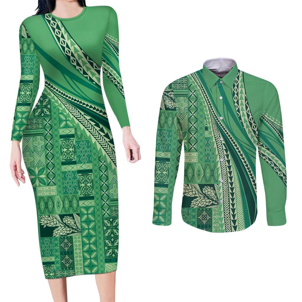 Pasifika Women's Day - Samoa Siapo Malu Tattoo Inspired Couples Matching Long Sleeve Bodycon Dress and Long Sleeve Button Shirt Jade LT7 Jade - Polynesian Pride
