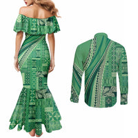 Pasifika Women's Day - Samoa Siapo Malu Tattoo Inspired Couples Matching Mermaid Dress and Long Sleeve Button Shirt Jade