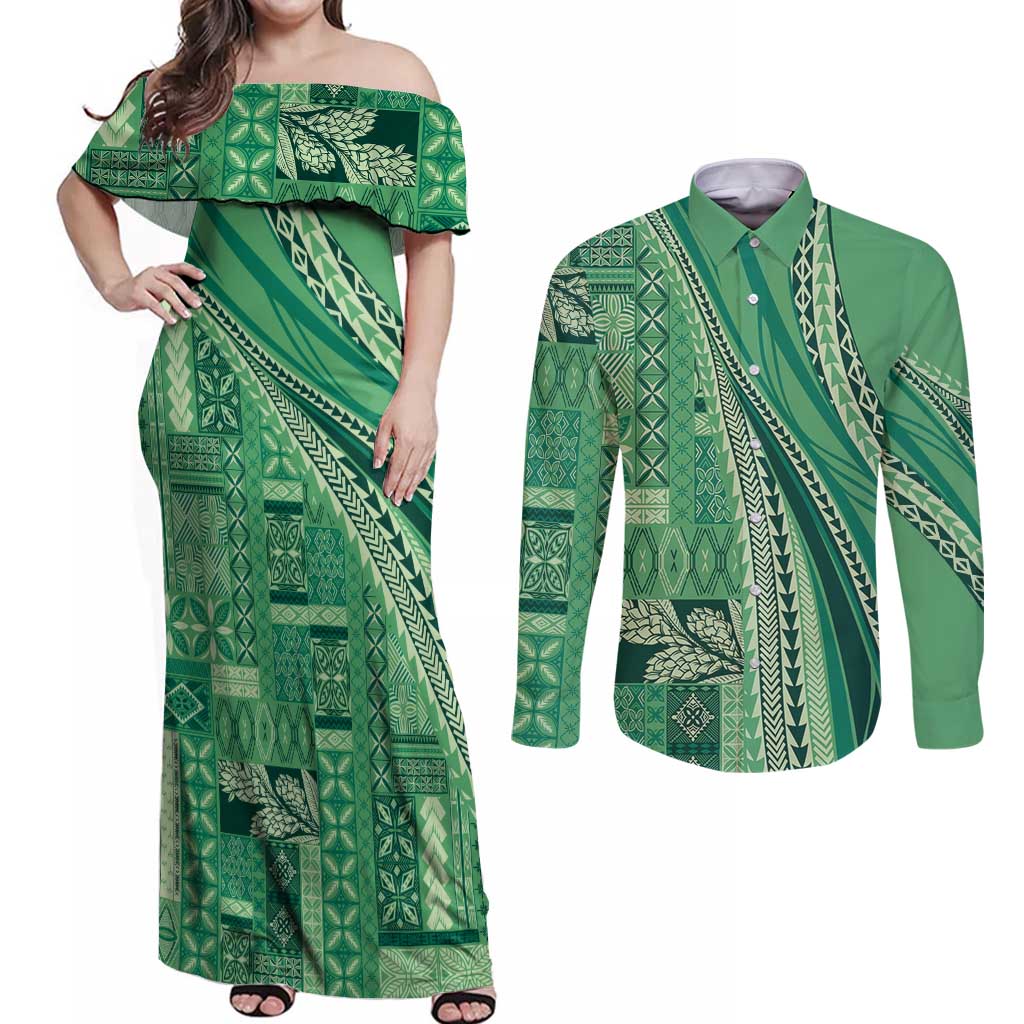 Pasifika Women's Day - Samoa Siapo Malu Tattoo Inspired Couples Matching Off Shoulder Maxi Dress and Long Sleeve Button Shirt Jade