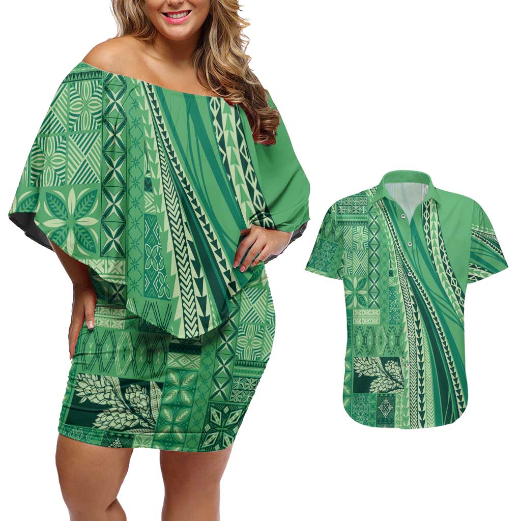 Pasifika Women's Day - Samoa Siapo Malu Tattoo Inspired Couples Matching Off Shoulder Short Dress and Hawaiian Shirt Jade
