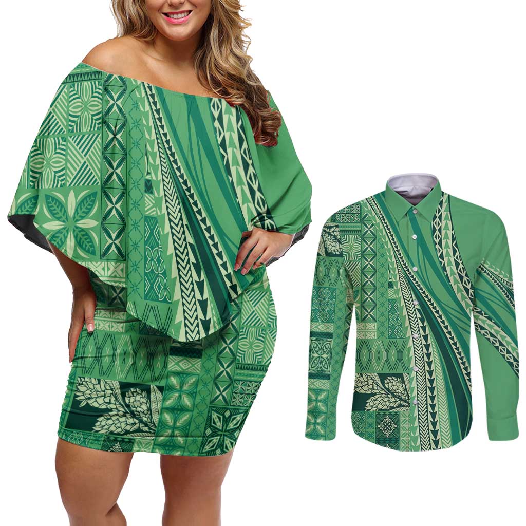 Pasifika Women's Day - Samoa Siapo Malu Tattoo Inspired Couples Matching Off Shoulder Short Dress and Long Sleeve Button Shirt Jade