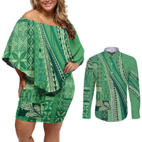 Pasifika Women's Day - Samoa Siapo Malu Tattoo Inspired Couples Matching Off Shoulder Short Dress and Long Sleeve Button Shirt Jade