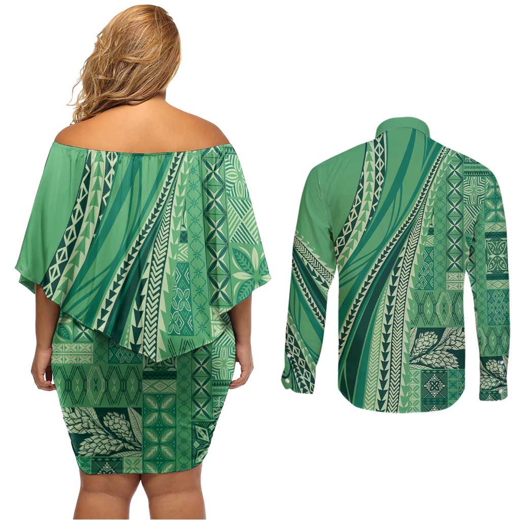 Pasifika Women's Day - Samoa Siapo Malu Tattoo Inspired Couples Matching Off Shoulder Short Dress and Long Sleeve Button Shirt Jade
