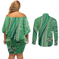 Pasifika Women's Day - Samoa Siapo Malu Tattoo Inspired Couples Matching Off Shoulder Short Dress and Long Sleeve Button Shirt Jade
