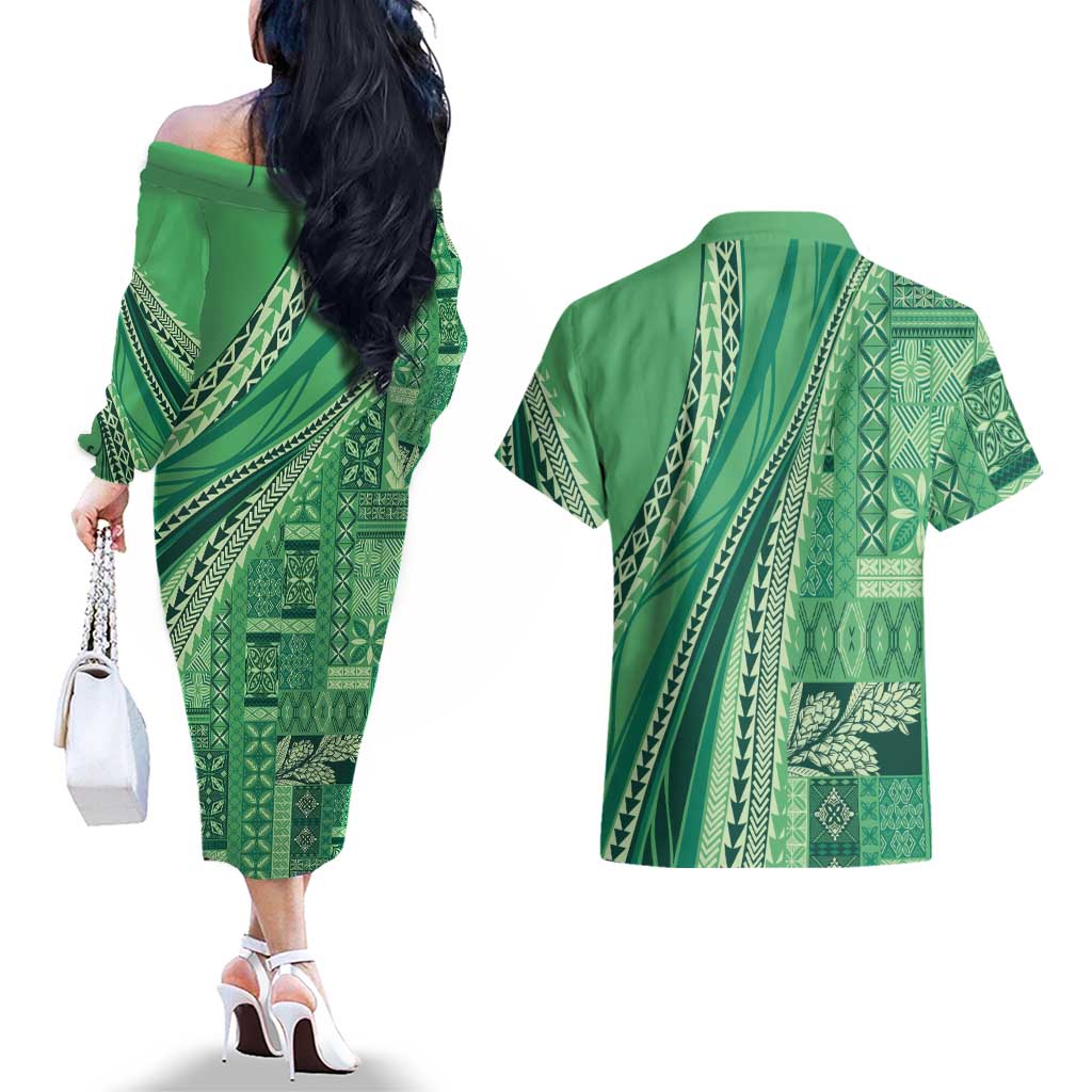 Pasifika Women's Day - Samoa Siapo Malu Tattoo Inspired Couples Matching Off The Shoulder Long Sleeve Dress and Hawaiian Shirt Jade