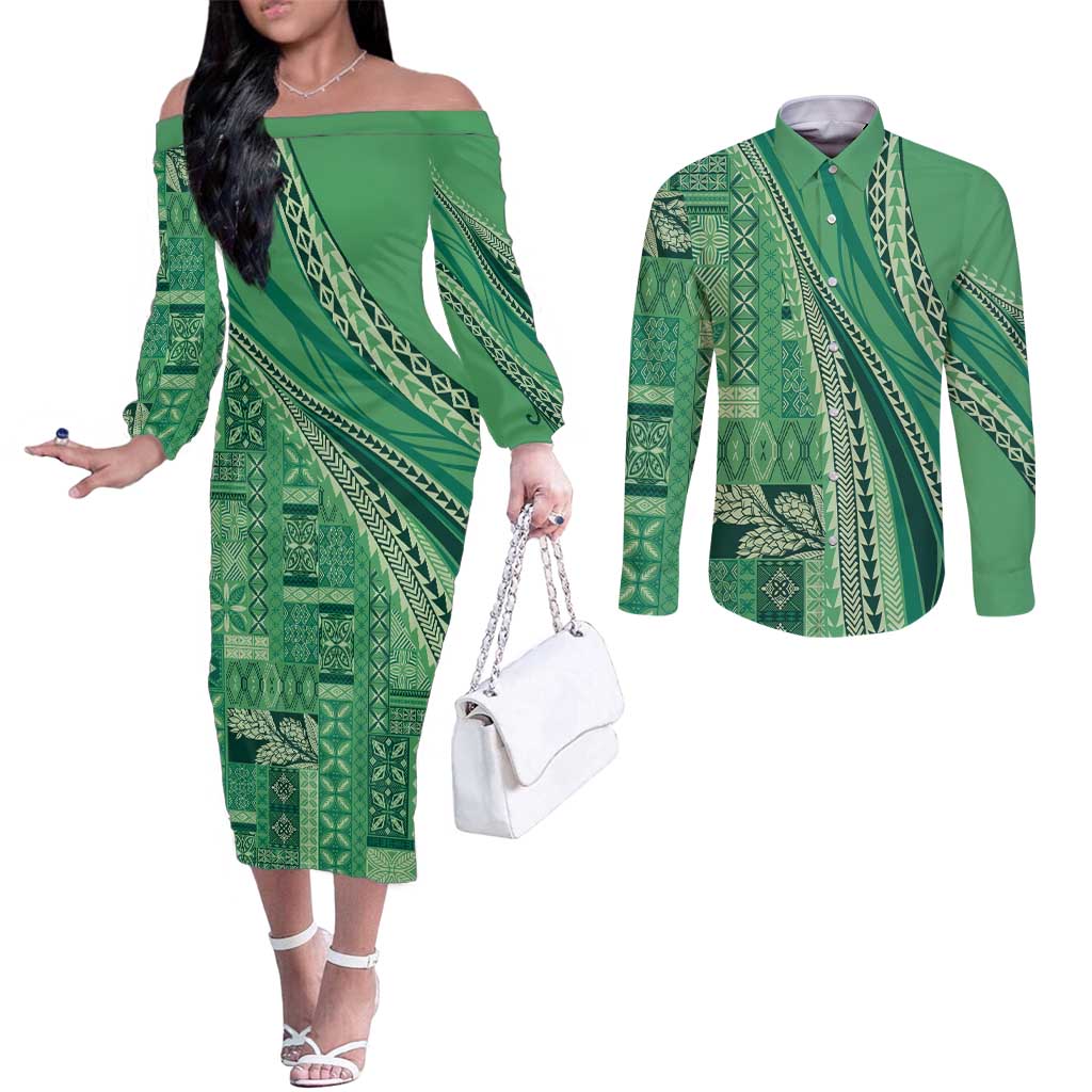 Pasifika Women's Day - Samoa Siapo Malu Tattoo Inspired Couples Matching Off The Shoulder Long Sleeve Dress and Long Sleeve Button Shirt Jade LT7 Jade - Polynesian Pride