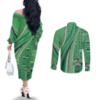 Pasifika Women's Day - Samoa Siapo Malu Tattoo Inspired Couples Matching Off The Shoulder Long Sleeve Dress and Long Sleeve Button Shirt Jade LT7 - Polynesian Pride