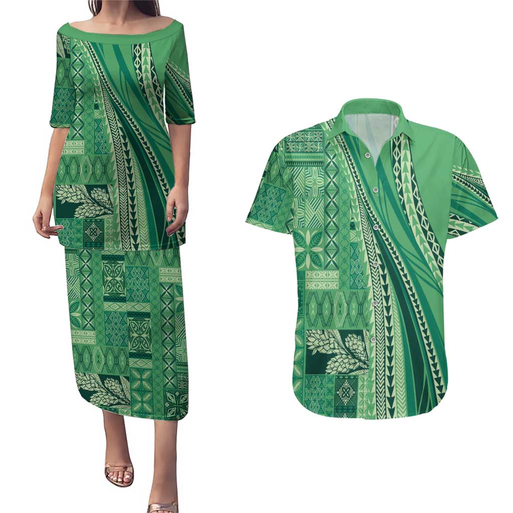 Pasifika Women's Day - Samoa Siapo Malu Tattoo Inspired Couples Matching Puletasi and Hawaiian Shirt Jade